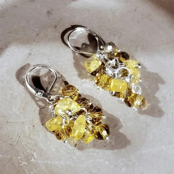 Handcrafted Natural Citrine Gemstone Czech Crystal Beads Silver Plated Earrings - Picture 6 of 13